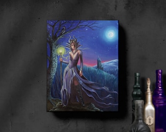 Maleficent Art Canvas Print / Giclee / Villain / Fairy Tale / Dark Art / Evil Queen / Sleeping Beauty / Gothic Decor / Horns / Raven /Moon