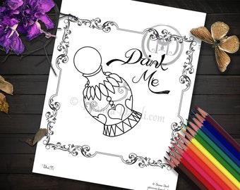 Alice In Wonderland Coloring Page / Drink Me / Printable / Digital Download / JPG Adult Coloring Pages / Fairy Tale / Wonderland Quotes