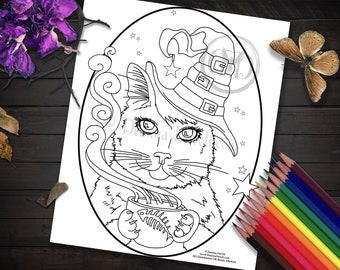 Black Cat Coloring Page Witch Cat Art Printable Coloring Page Animal Coloring Page Halloween Cat JPG Adult Coloring Page