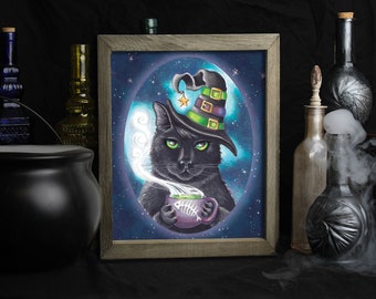 Witch Cat / Art Print / Black Cat / Halloween Supplies / Fishbone Cauldron / Kitty Cat Lover Gifts / Witchy Gifts / Wiccan Decor / Space