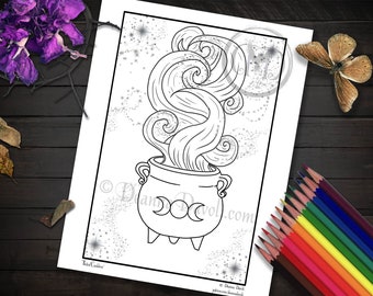 Astral Cauldron Coloring Page / Witch Printable / Digital Download / JPG Adult Coloring Pages /  Halloween / Galaxy / Triple Moon Goddess