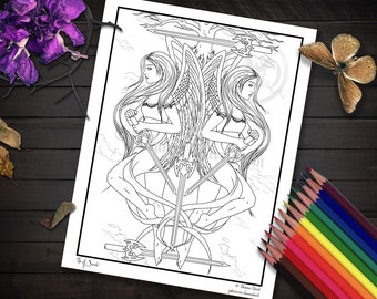 5 of Swords Coloring Page / Digital Download / Printable JPG / 78 Tarot Artwork / Adult Coloring Sheet / Warrior Angels Art / Swords Gemini