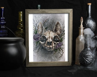 Cat Skull Art Print / Day of the Dead Artwork/ Dia De Los Muertos / Oddities / Roses / Gothic Decor / Halloween Wall Art / Spooky / Witchy