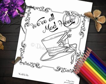 Alice In Wonderland Coloring Page / We're All Mad Here / Printable / Digital Download / Adult Coloring Pages JPG / Cheshire Cat Quotes