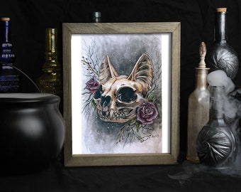 Cat Skull Art Print / Day of the Dead Artwork/ Dia De Los Muertos / Oddities / Roses / Gothic Decor / Halloween Wall Art / Spooky / Witchy