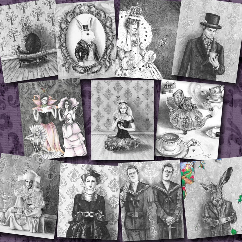 Alice in Wonderland Art / Art Print Set / Fairy Tale / Mad Hatter / White Rabbit / Fantasy / Through The Looking Glass / Lewis Carroll / Cat image 1