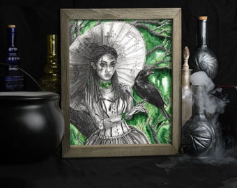 Emerald / May Birthstone / Art Print / Broken Doll / Ethnic Art / Raven Carnival Doll / Gothic Decor / Green / Forest / Dreadlocks