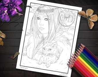Witch Coloring Page Black Cat Digital Download Instant JPG Adult Coloring Page Halloween Scrapbooking Fantasy Art You Print Wiccan Gifts