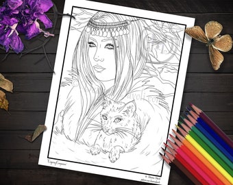 Witch Coloring Page Black Cat Digital Download Instant JPG Adult Coloring Page Halloween Scrapbooking Fantasy Art You Print Wiccan Gifts