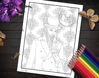 Mad Hatter Coloring Page Alice In Wonderland Coloring Page Printable JPG Adult Coloring Page Fairy Tale Coloring Page Digi Stamp