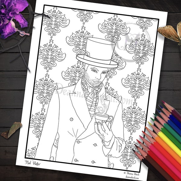 Mad Hatter Coloring Page Alice In Wonderland Coloring Page Printable JPG Adult Coloring Page Fairy Tale Coloring Page Digi Stamp