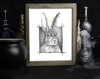 Gold Lunar Bunny / Art Print / Rabbit Lover Gifts / Rabbit Portrait / Celestial / Crescent Moon / Space / Animal / Kids Room / Wall Art