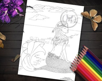 Mermaid Coloring Page Printable JPG Coloring Page Beach Mermaid Art Adult Coloring Page Digi Stamp Digital Download