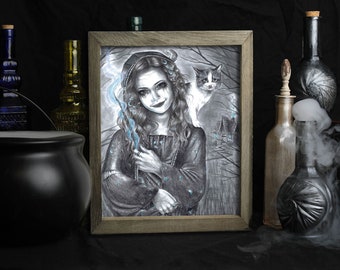 Aquamarine Art Print / Birthstone Gifts / March Birthday / Little Witch Hut / Kitty Cat Familiar / Witchy Gifts / Dark Fantasy Art Decor