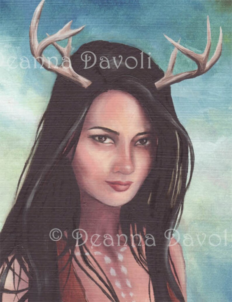 Native American Art Print / Baby Deer Gifts / Deer Woman / Sidhe / Fawn / Deer Lover / Wall Art / American Indian Girl / Antlers Cabin Decor image 6