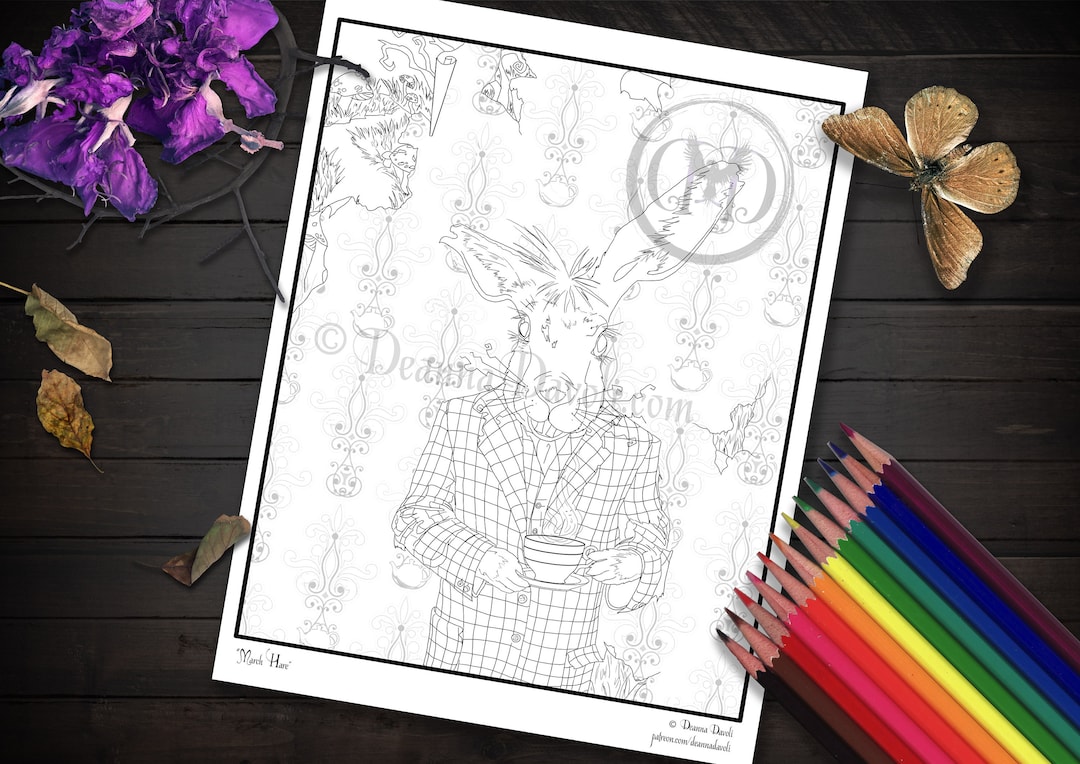 March Hare Coloring Page Alice in Wonderland Printable JPG Rabbit Coloring Pages Alice in ...