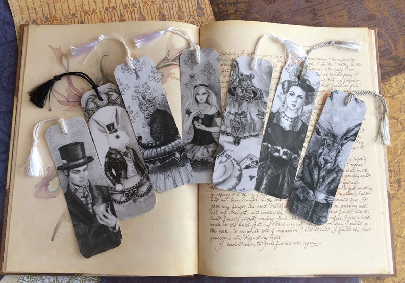 Alice In Wonderland Bookmark Set Queen of Hearts Bookmark Alice Bookmark Mad Hatter Bookmark White Rabbit Bookmark Dormouse Bookmark Cat image 1