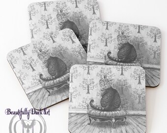 Alice in Wonderland Coasters Set of 4 / Cheshire Cat Coasters / Cat Coasters / Fairy Tale Coasters / Lewis Carroll Coasters
