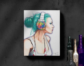 Candy Rocker / Rainbow Lollipop /  Candyland / Giclee / Art Canvas Print / Headphones / Candy Girl / Urban Portrait / Funky Wall Art