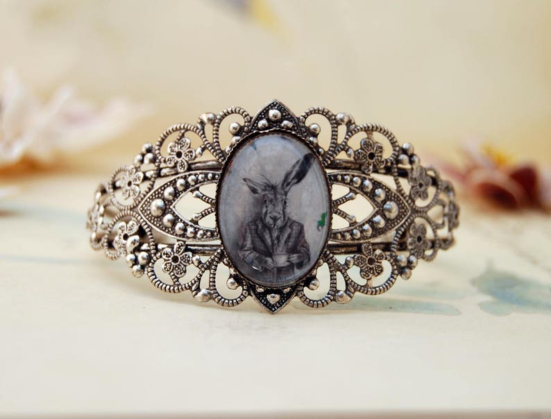 March Hare Adjustable Bracelet March Hare Bracelet Rabbit Bracelet Silver Cuff Bracelet Gothic Bracelet Alice in Wonderland Bracelet