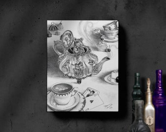 Dormouse / Limited Edition / Art Canvas Print / Giclee / Mouse Gifts / Tea Party / Alice In Wonderland Art / Teapot /Mice Lovers Cute Animal