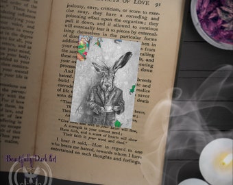 March Hare ACEO / Rabbit Art / Bunny Gifts / Alice in Wonderland ATC / Fairy Tale / Artist Trading Card / Tea Party Favor Gifts / Journaling