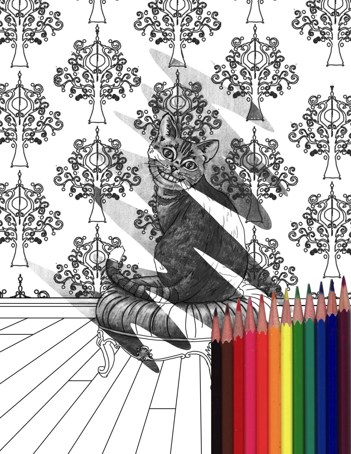 Cheshire Cat Coloring Page Alice In Wonderland Printable JPG Digistamp Fantasy Cats Animal Adult