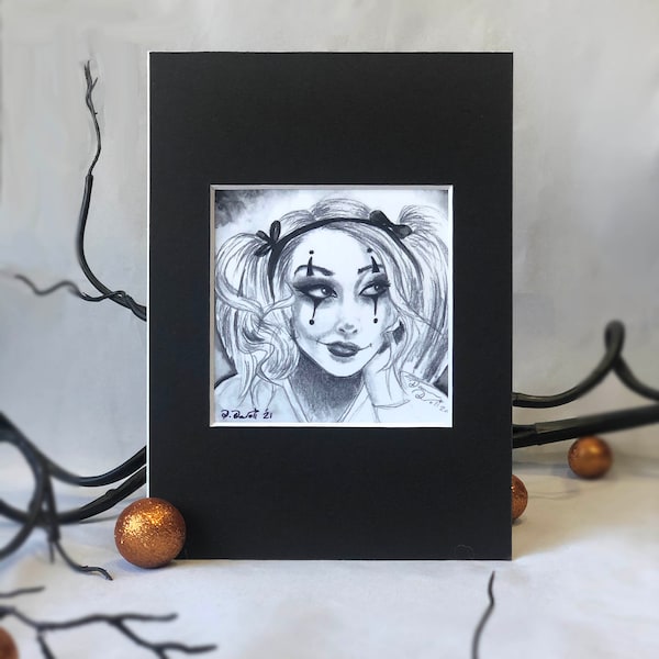 Clown Face / Pippsy Pinwheel / Goth Girl / Dead Doll Art / 5x7 Matted Print / Art Print / Clown Art / Goth Lovers Gifts / Deanna Davoli