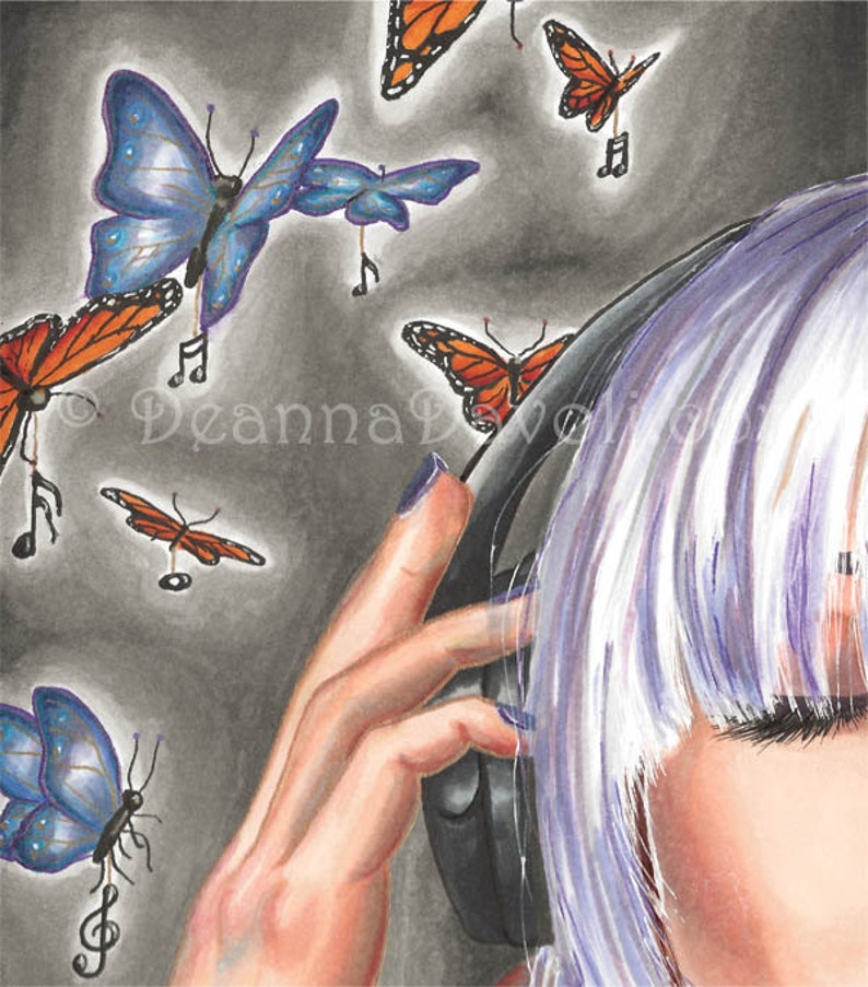 Headphone Girl Art Print Fantasy Art Butterfly Art Music Art Etsy