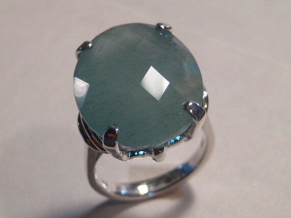 Large Aquamarine gemstone Ring .Sterling Silver and 14 kt Rose Gold .fancy checkerboard top gemstone ...  Size 7.......   e609