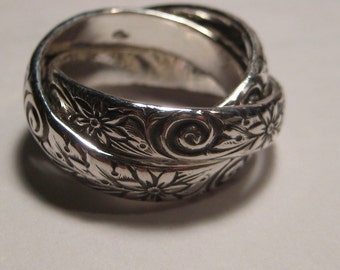 Swirl Flower  .... 3 Band Rolling  Ring  ......Heavy Rolling Band ring ... Sterling Silver ..made to order in your size.........