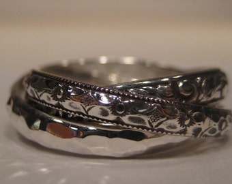 3 band Rolling Ring  ... One Antique Band . One Hand Hammered Band . One New Leaf Band ..Rolling  Ring ... Sterling Silver ... COOL!