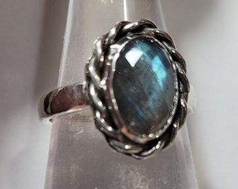 Faceted Labradorite Gemstone ring- Sterling Silver. Size 7.5 .  B222