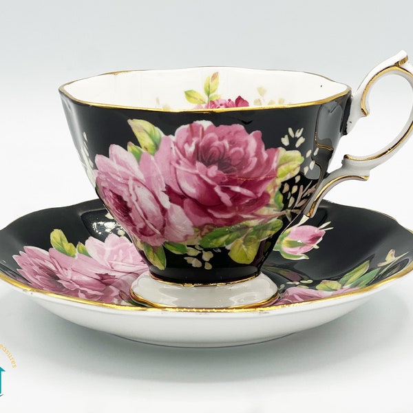 Royal Albert American Beauty – Black with Pink Roses – Shelley Cup Shape - Longton England - Rare Find - Fine Bone China Tea Set