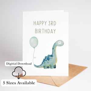 Dino Geburtstagskarte Druckbare Dino Geburtstagskarte 3 jährige Junge Oder Mädchen Druck Zu Hause Aquarell Niedliche Dino Themen Digitaler Download PDF