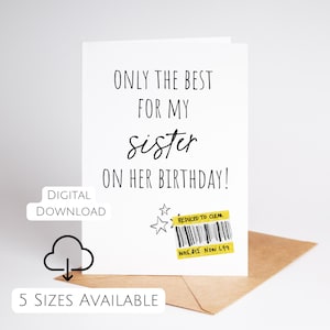 Cartão de aniversário engraçado para irmã Cartão de aniversário atrevido para irmã Cartão de aniversário divertido Download instantâneo Cartão de aniversário para impressão Cartão reduzido