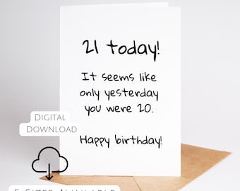 21st Birthday Card Printable Funny 21s Bday Card For Him Or Her 21 Year Old Print At Home Low Ink Design Instant Download Black And White