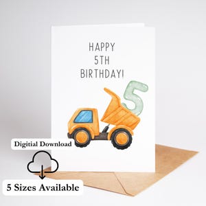5. Geburtstagskarte Druckbare Karte zum fünften Geburtstag für Junge Lastwagen alles Gute zum Geburtstag 5 Jahre alt Druck zu Hause PDF Sofort-Download