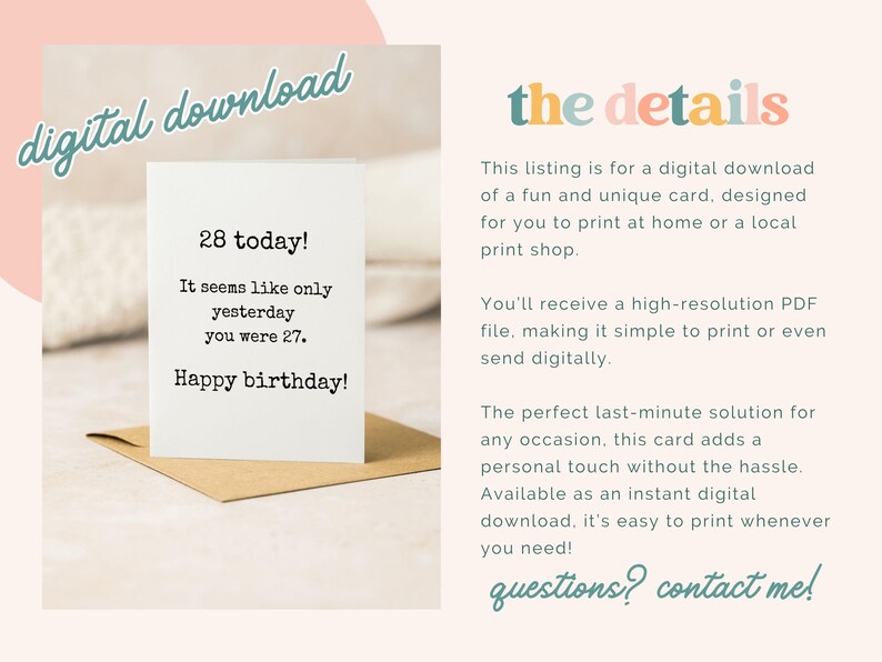28th Birthday Card Printable Funny 28th Bday Card for Him or Her 28 ...