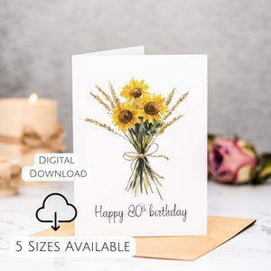80. Geburtstagskarte Sonnenblumen Geburtstagskarte Last-Minute-Karte 80.Bday-Karte Karte für 80 Jahre alte Sonnenblumen Druckbare Geburtstagskarte