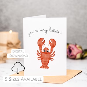 Schattig afdrukbare You're My Lobster-kaart Liefdeskaart voor vriendje Kaart voor vriendin Instant Download verjaardagskaart Valentijnsdagkaart