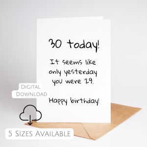Cartão de aniversário de 30 anos para impressão Cartão engraçado de aniversário de 30 anos para ele ou ela 30 anos Imprimir em casa Design com pouca tinta Download instantâneo Preto e branco