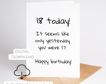 18th Birthday Card Printable Funny 18th Bday Card For Him Or Her 18 Year Old Print At Home Low Ink Design Instant Download Black And White
