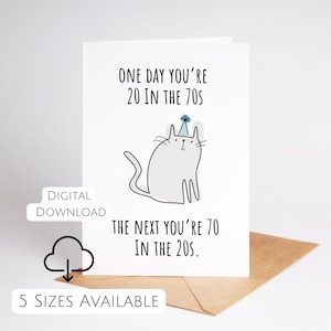 Divertente biglietto di auguri per il 70° compleanno Biglietto di auguri di buon compleanno per 70 anni Biglietto di auguri per il 70° compleanno stampabile per la mamma Biglietto digitale con gatto per papà per la mamma per la moglie
