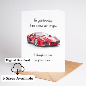 Novo carro para você Cartão de feliz aniversário para ela Imprimir em casa Cartão engraçado de aniversário Download instantâneo Piada digital PDF