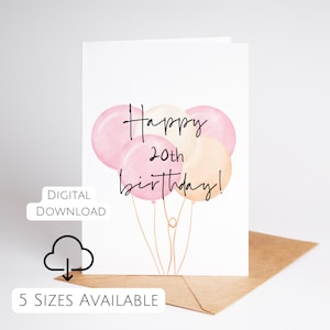 Carte d'anniversaire rose 20e imprimable pour sa fille de 20 ans, impression à la maison, téléchargement numérique PDF 5 x 7 7 x 5