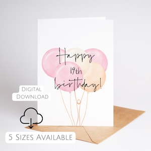 Biglietto di auguri per il 19° compleanno stampabile Biglietto di auguri rosa per il 19° compleanno per la figlia di 19 anni Stampa a casa Design acquerello Download digitale PDF 5x7 7x5