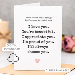 Tarjeta de "Te amo" para novia, tarjeta romántica, descarga de tarjeta de aniversario imprimible para ella, tarjeta de amor, tarjeta linda, tarjeta de agradecimiento para ella