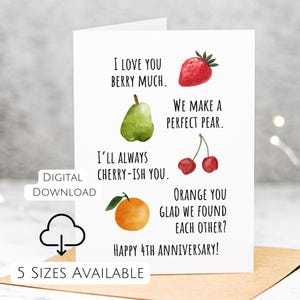 Tarjeta de aniversario imprimible Tarjeta de aniversario de frutas 4º aniversario 4º aniversario de casados Tarjeta romántica imprimible para él y para ella
