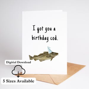 Cartão de aniversário engraçado para impressão de bacalhau, piada de pai, cartão de aniversário para ele, marido, pesca, tema de peixe de aniversário, impressão em casa, economia de tinta baixa, download em PDF